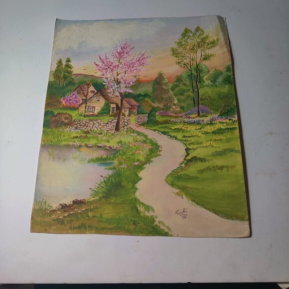 Watercolor Spring Landscape, bright pastels. Signed by Artist Esther "49 - Picture 1 of 11